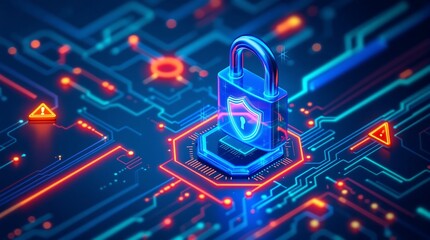 Digital padlock with shield on circuit board for cybersecurity