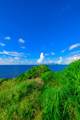  青く透き通る海と広い空が広がる沖縄のリゾート風景