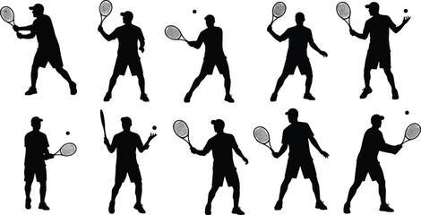 Tennis player silhouettes, racket action, serve, return, dynamic pose, sports motion, cad drawing flat vector