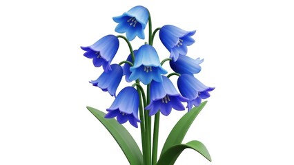 A bluebell flower arrangement with blue petals and green leaves on a white background.