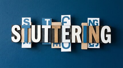 Stuttering concept spelled out with vintage letterpress blocks against a deep blue wall