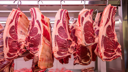 Prime beef ribs hung for display and aging in a butcher shop