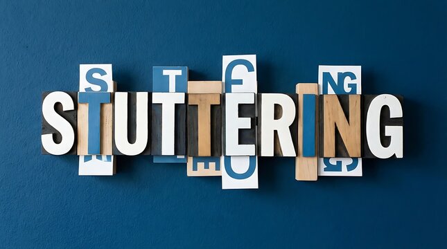 Stuttering concept spelled out with vintage letterpress blocks against a deep blue wall