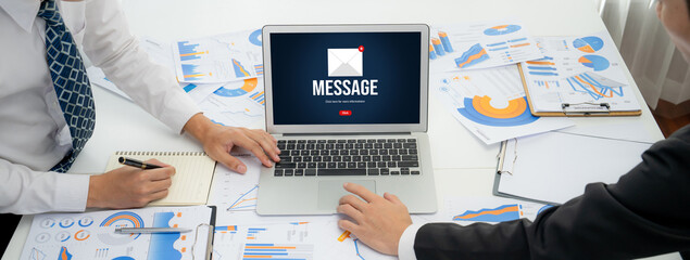 Email notification message showing on computer screen brisk. Digital marketing message information text from business to customer client