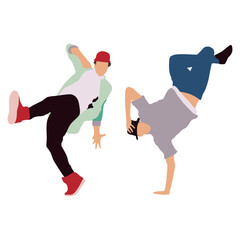 Teenager dancers hip hop, breakdance vector drawing isolated on white background.