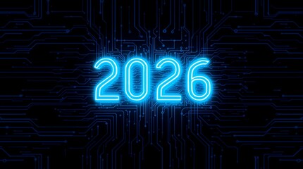 Glowing blue neon 2026 on futuristic circuit board background