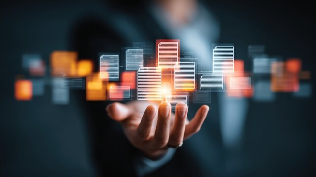 Businesswoman analyzes virtual data on tablet for Document Management System, increasing efficiency in operations - Powered by Adobe