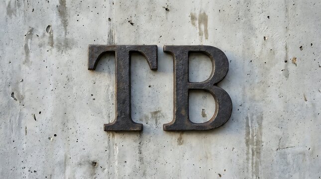 Bold weathered metal letters TB mounted on a textured brutalist concrete wall background