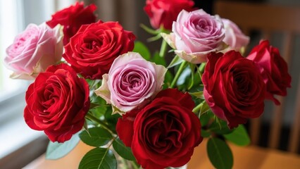 Obraz premium A bouquet of red and pink roses in a vase on a wooden table.