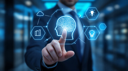 Businessman interacting with futuristic brain interface technology