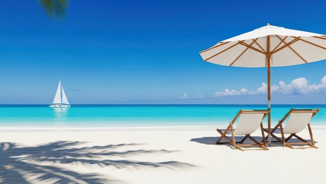 Sun umbrellas and wooden beds on tropical beach
