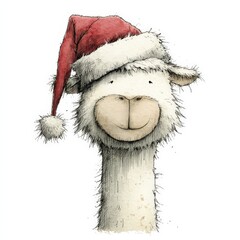 Naklejka premium alpaca - cute smiling animal character wearing a red santa hat