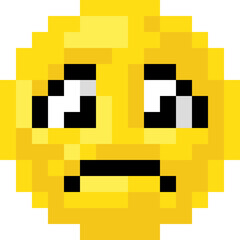 Retro pixel art emoji emoticon showing a confused or uncertain expression. Classic 8 bit style digital icon for games, chat apps, stickers, or nostalgic computer art projects.