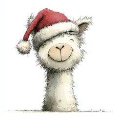 Naklejka premium alpaca - cute smiling animal character wearing a red santa hat