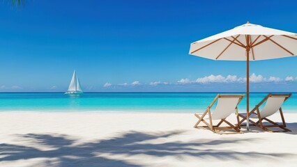 Obraz premium Sun umbrellas and wooden beds on tropical beach