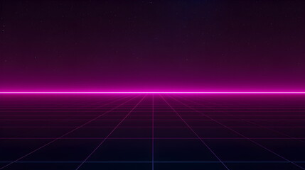 Retro 80s Synthwave Landscape with Neon Purple Grid and Stars