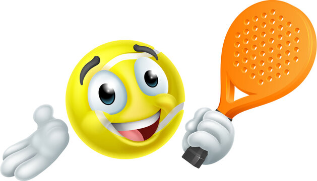A padel or paddle ball tennis cartoon mascot emoticon character icon holding a racket