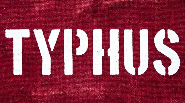 Stark stencil warning TYPHUS boldly stamped across rich textured crimson fabric background
