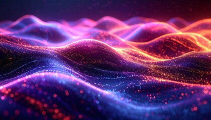 Abstract view of wavy, luminous lines in blue and orange, forming a landscape of glowing particles