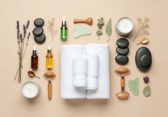 A beautiful collection of spa essentials and wellness products laid out for a relaxing self-care experience