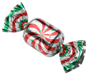 A festive candy wrapper with a swirl pattern in red, white and green colors, bow, bow tie, candy, candy bar, candy cane, green, lollipop, red, silver, white, wrap 