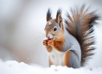 Cute red squirrel in the falling snow