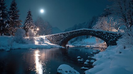 A magical winter night with a snow-covered bridge reflecting the moonlight