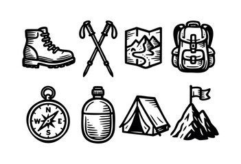 A collection of hiking essentials includes a boot, trekking poles, a map, a backpack, a compass, a water bottle, a tent, and a mountain peak — stock vector.