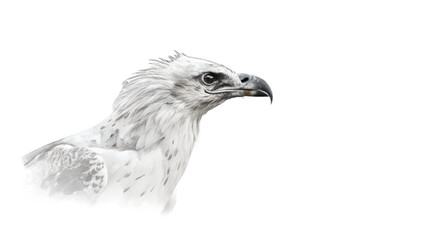 Fototapeta premium Side profile of a white and grey eagle with sharp beak isolated on white background in a high-key artistic style