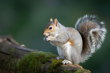 Obraz premium Grey squirrel eating nut on a tree branch 