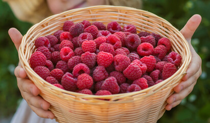 A child with a raspberry harvest in the garden. Selective focus.