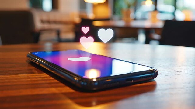 Close up of a dark smartphone lying face up on a polished wooden table in a cafe setting