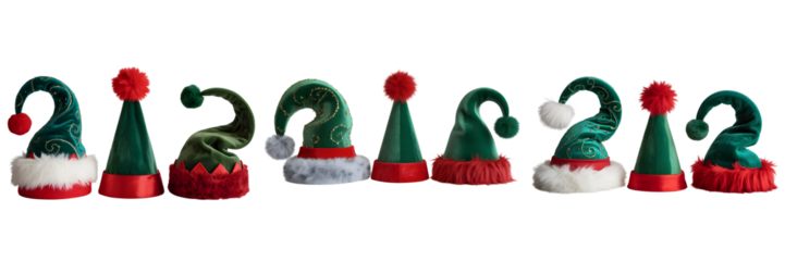 Collection of festive christmas elf hat candles isolated on transparent background