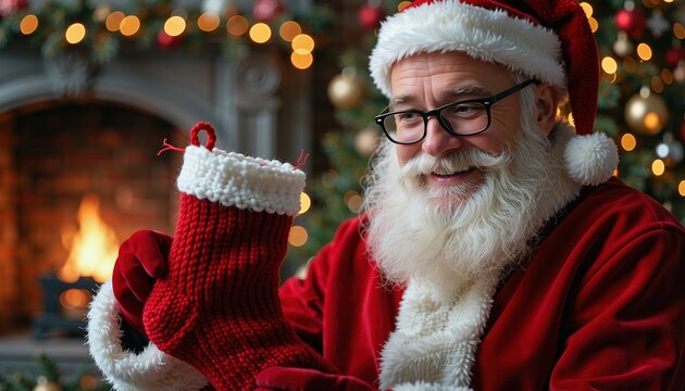 Old man in Santa Clause traditional red costume and hat holds Christmas sock stocking for gifts against background with Christmas tree and fireplace  - Powered by Adobe
