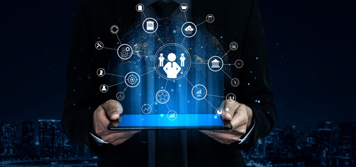 A concept of centralized business management and corporate strategy. A leadership team connecting to all functions like finance, operations, and planning. Motif