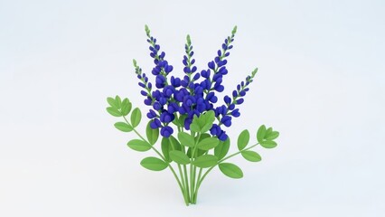Obraz premium A blue flower arrangement with green leaves on a white background.