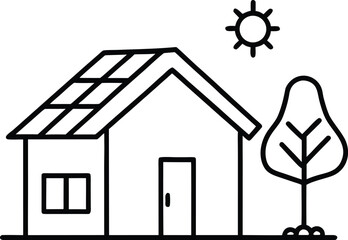 Eco-Friendly House with Solar Panels Line Art Icon