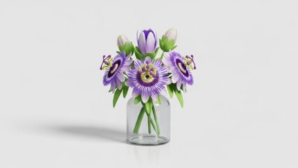 Purple flowers in a glass vase on a white background. © sambath