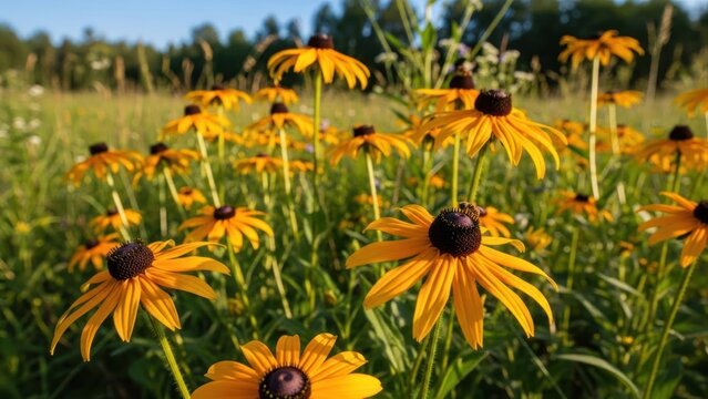 A field of yellow daisies with a bee on one. - Powered by Adobe