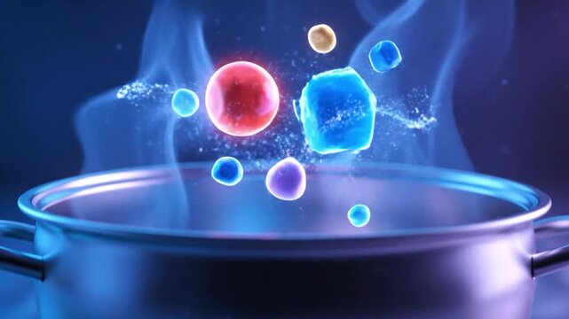 Vivid illustration of a dynamic molecular reaction occurring above a steaming vessel, showcasing diverse elements interacting intensely during a scientific experiment or conceptual process