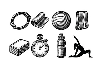 A set of fitness essentials including a mat, ball, block, resistance bands, water bottle, timer, and yoga pose are showcased in a woodcut style — stock vector.