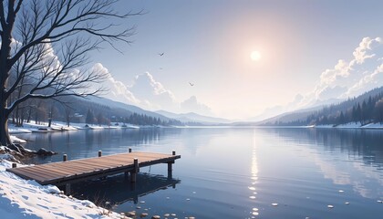 Serene frozen lake with a worn wooden dock, surrounded by snow-covered evergreen trees. Anime style illustration
