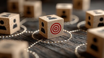 Wooden blocks showing human icons connected by dotted lines and a target symbol representing target audience and business network strategy