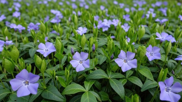 A field of vibrant purple periwinkle flowers with green leaves in a lush green background.