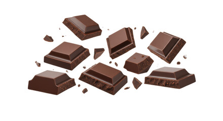 Dynamic rich dark chocolate pieces, glossy squares and textured shards, scattering mid-air on a transparent background, high-speed macro photography, premium food advertising concept