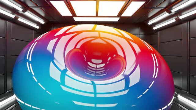 Abstract colorful glossy surface warping into a central singularity within a futuristic metallic room