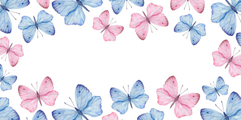 The frame is rectangular with blue and pink watercolor butterflies with a place for text in the center. For printing, posters, postcards.