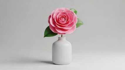 A pink camellia flower in a white vase on a white background.