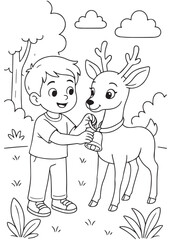 coloring book Boy Giving Bottle To Deer – A child carefully gives milk to a deer friend.