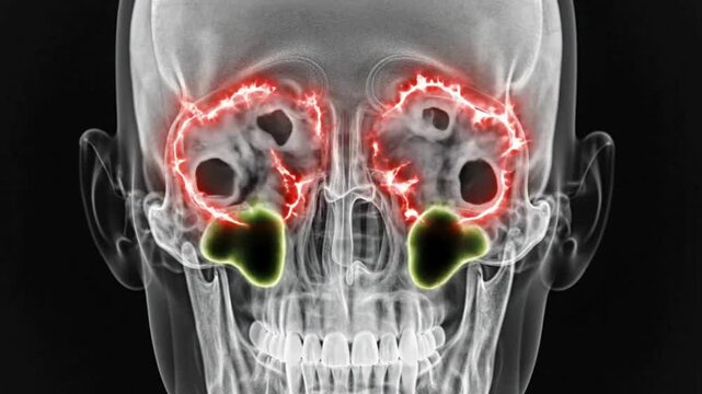 Xray of human skull showing inflamed maxillary sinuses with fluid accumulation, frontal view